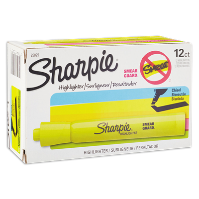 Sharpie® Tank Style Highlighters, Fluorescent Yellow Ink, Chisel Tip, Yellow Barrel, Dozen