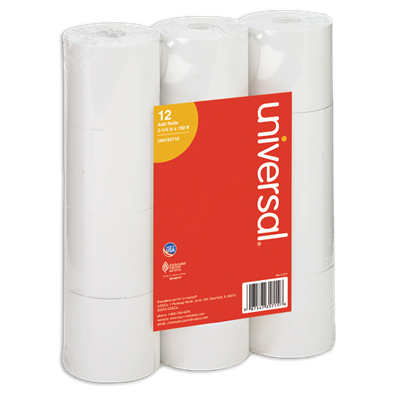 Universal™ Impact and Inkjet Print Bond Paper Rolls, 0.5" Core, 2.25" x 150 ft, White, 12/Pack